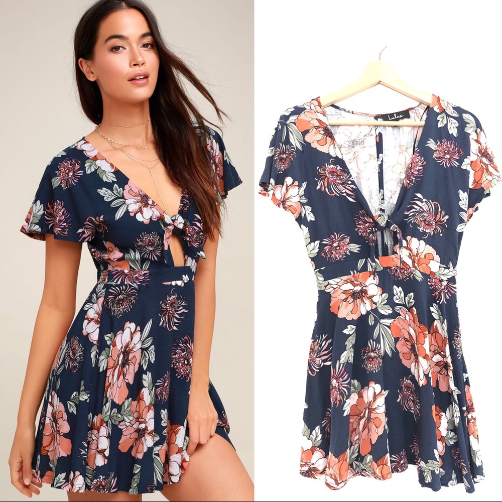 Lulu's Navy Blue Floral Print Tie Front Dress Sz S